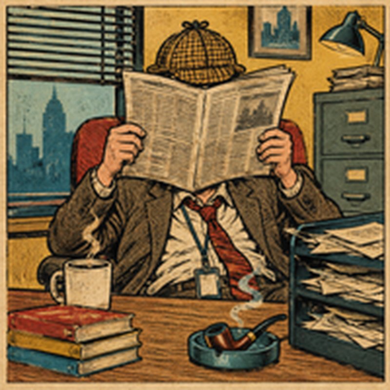 Retro comic portrait of Bernie Out, face hidden behind a newspaper, deerstalker hat on top, coffee and in-tray on the desk