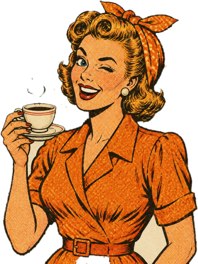 Retro comic: a woman in an orange dress winking and holding a cup of coffee