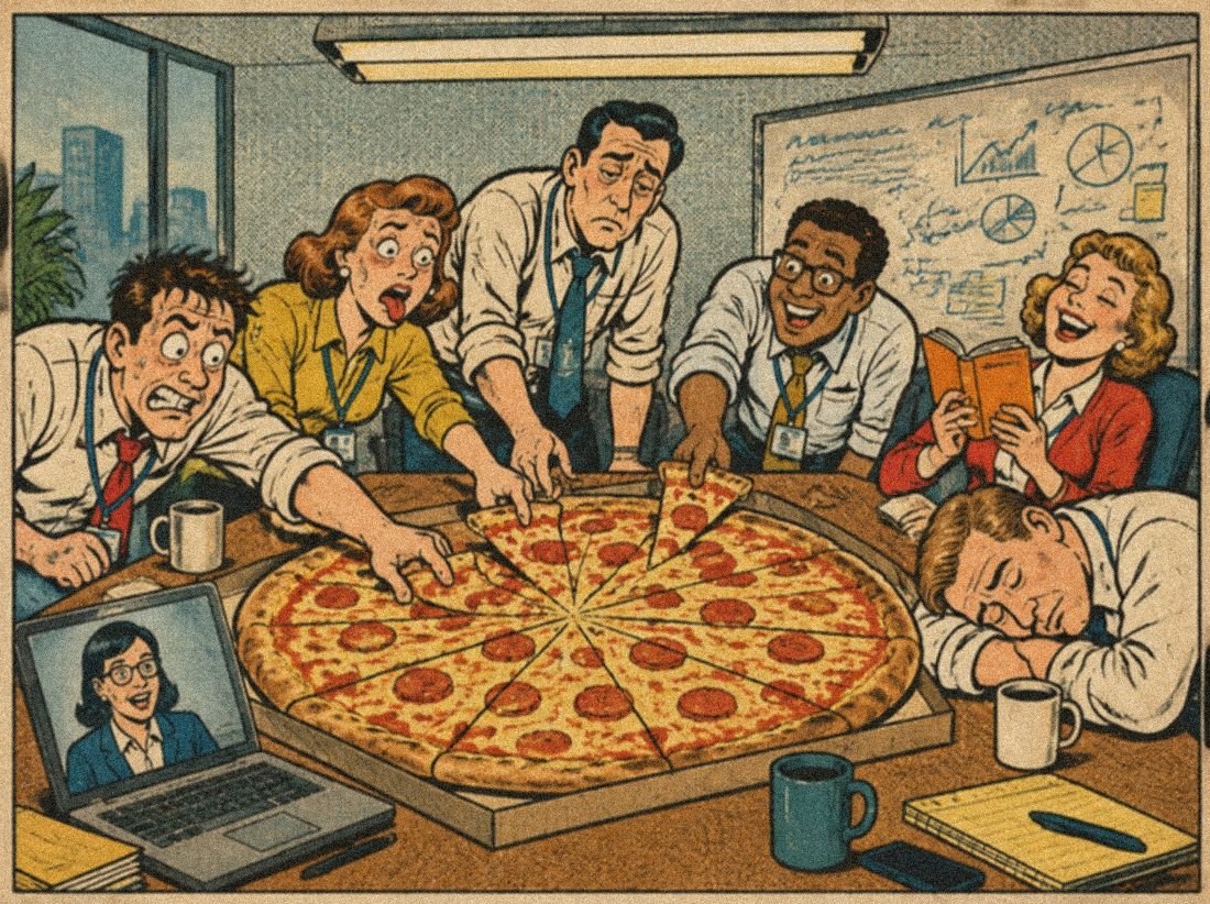 Retro comic: an exhausted office team crowded around one enormous pizza